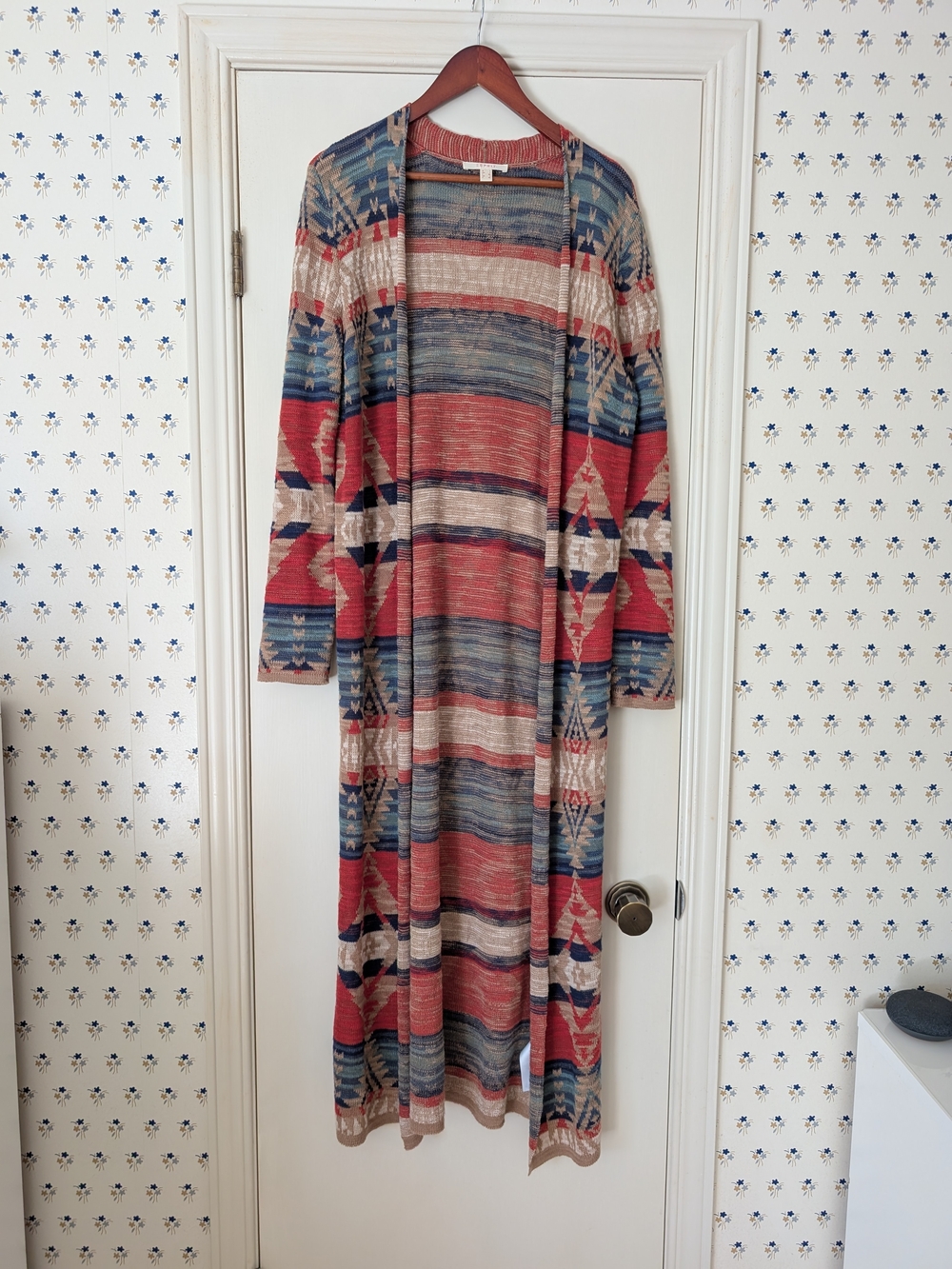Vintage Esprit Southwestern Long Open-Front Cardigan - Red, Blue, Cream